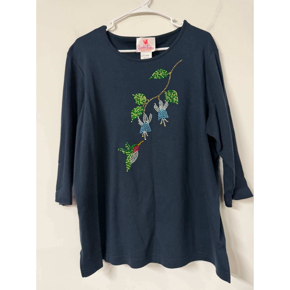 Quacker Factory Womens XL Navy Blue Top Hummingbird Rhinestone Cotton 3/4 Sleeve